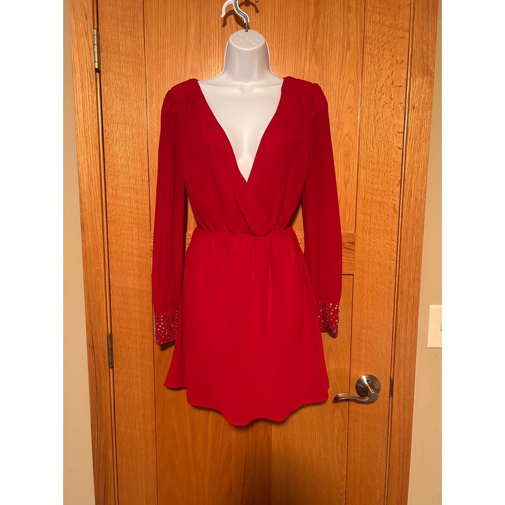 Red Plunging Deep V-Neck Studded Cuff Mini Dress Chiffon Long Sleeve Size Large